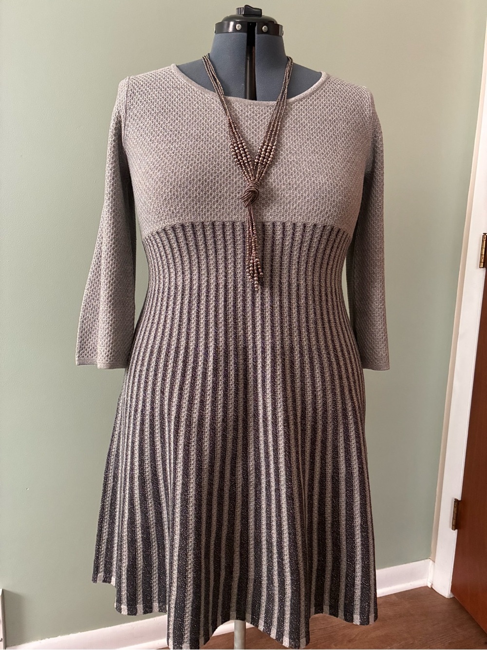 Calvin Klein Two-Tone Grey Knit Fit & Flare Long Sleeve Dress